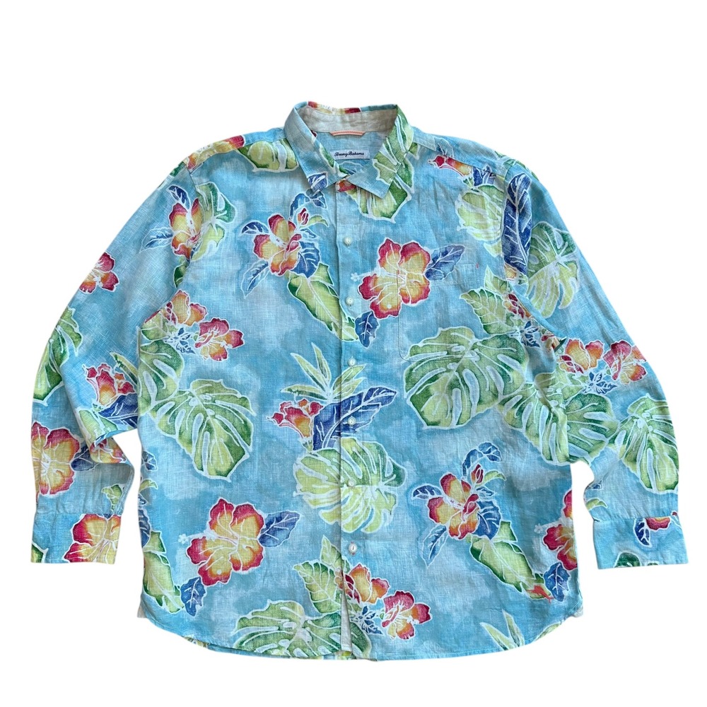 Tommy‎ Bahama Mens XL Blue Tropical Floral Linen Long Sleeve Button Down Shirt